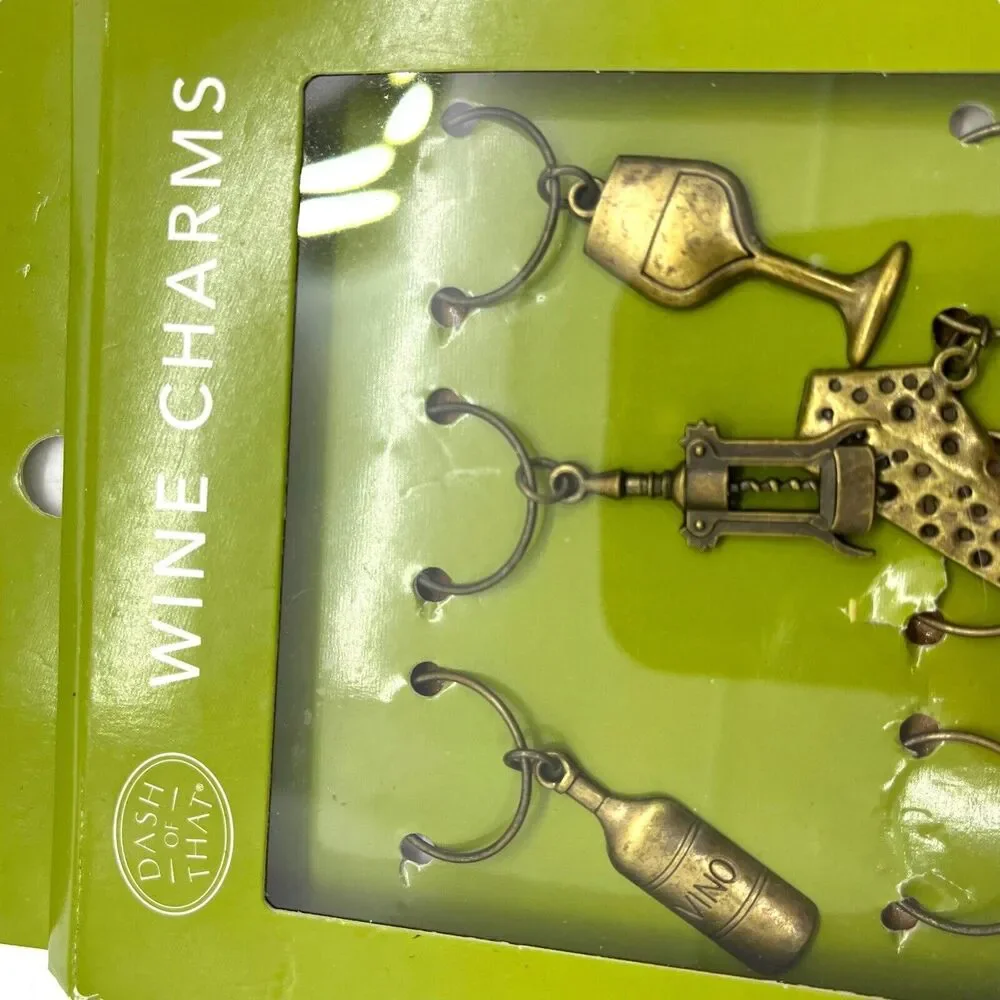 Wine Charms Dash of That 6pc Vintage Brass Color NWT Cheese Barrel Grapes Cork